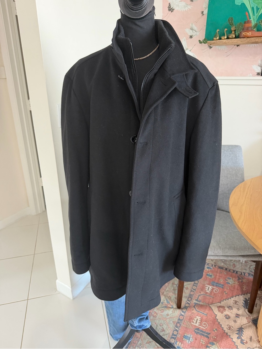 Hugo Boss Men Wool Cashmere Jacket Black Coat Size 46R Overcoat Button Front